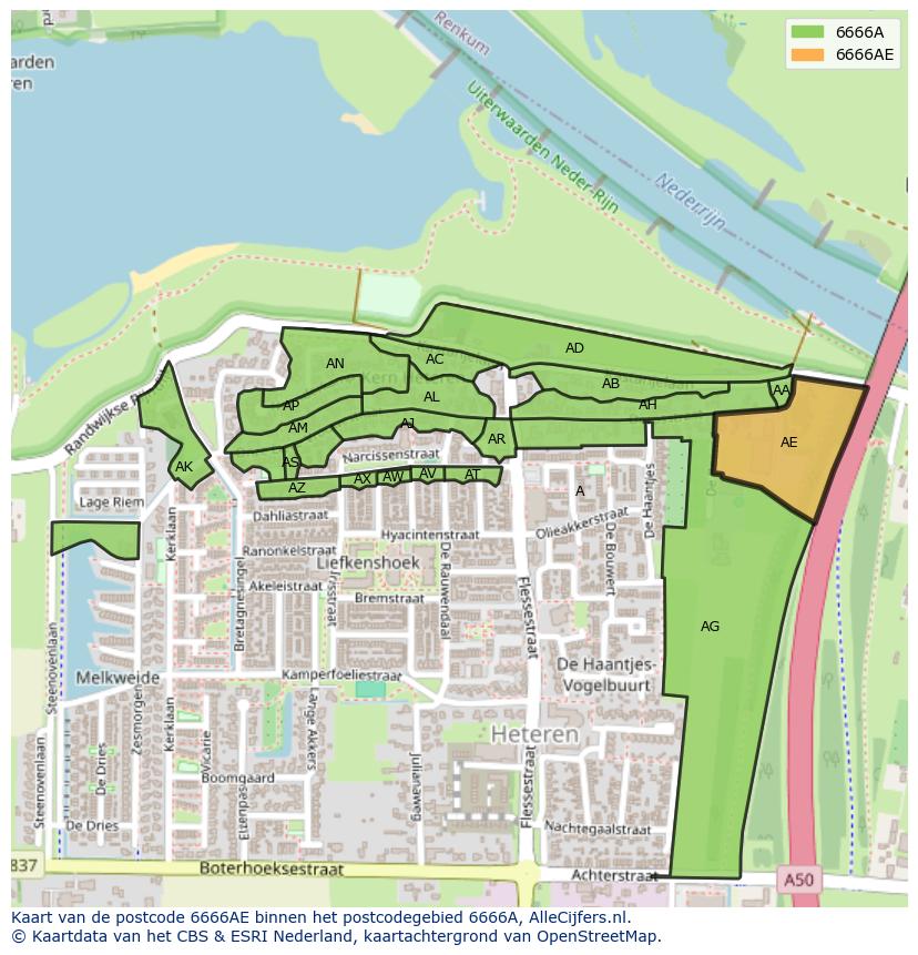 Afbeelding van het postcodegebied 6666 AE op de kaart.