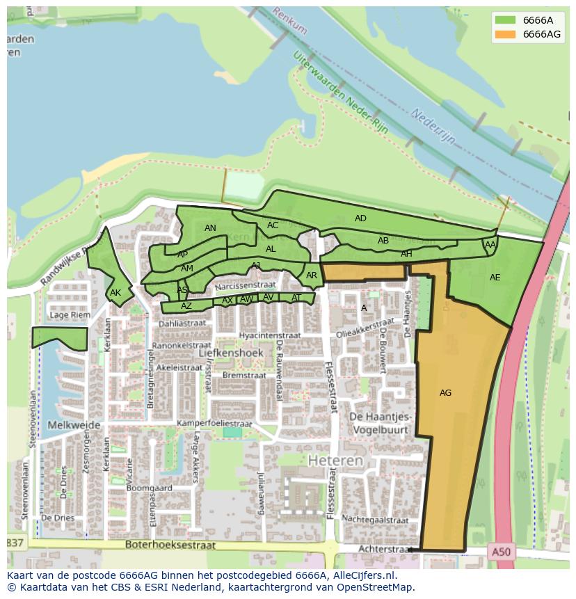 Afbeelding van het postcodegebied 6666 AG op de kaart.