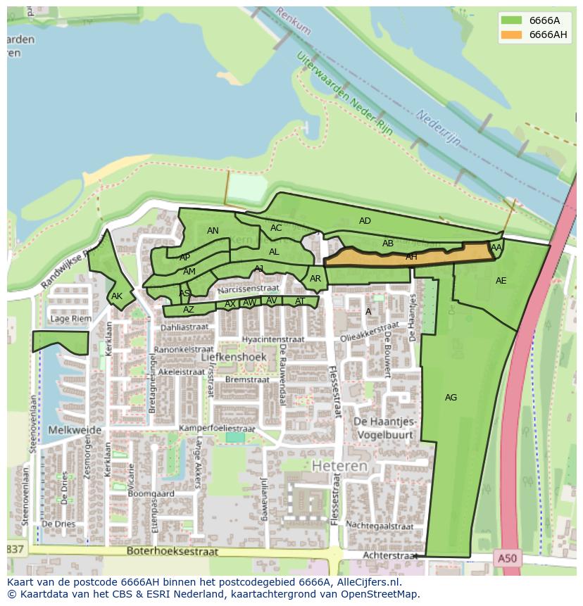 Afbeelding van het postcodegebied 6666 AH op de kaart.