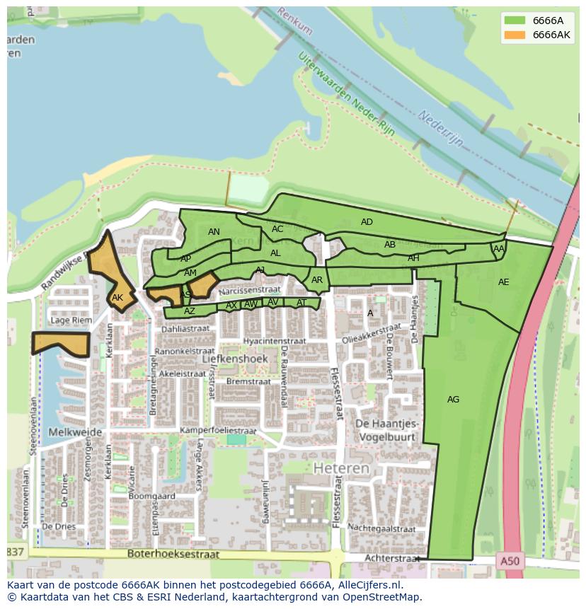 Afbeelding van het postcodegebied 6666 AK op de kaart.