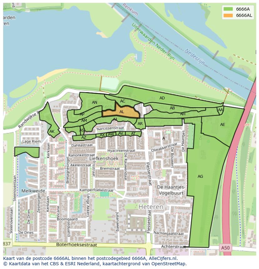 Afbeelding van het postcodegebied 6666 AL op de kaart.