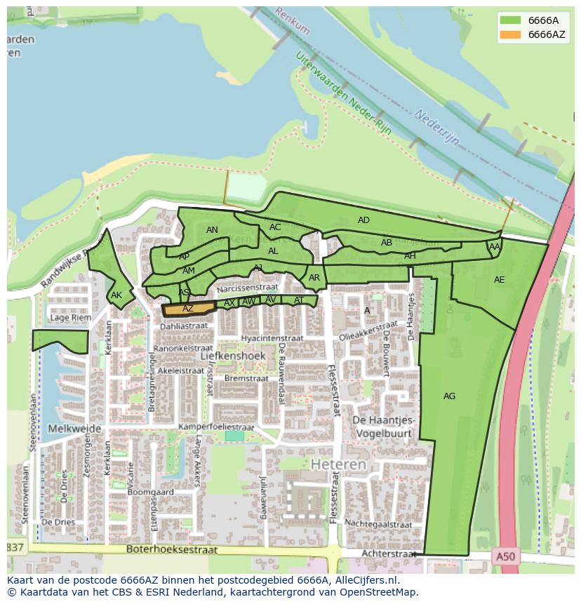 Afbeelding van het postcodegebied 6666 AZ op de kaart.