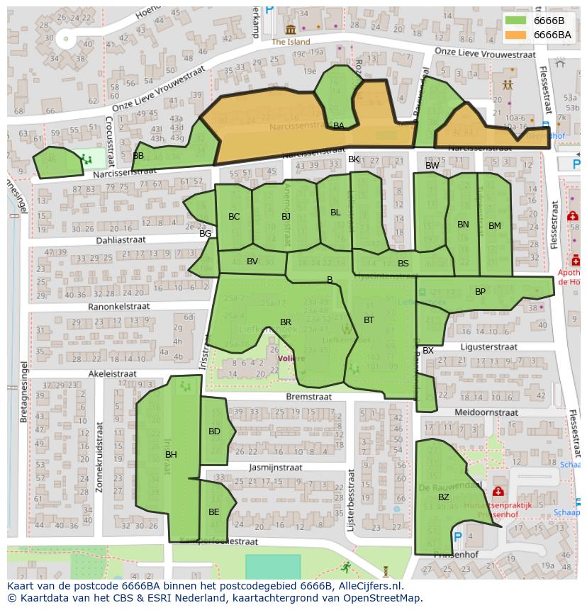 Afbeelding van het postcodegebied 6666 BA op de kaart.
