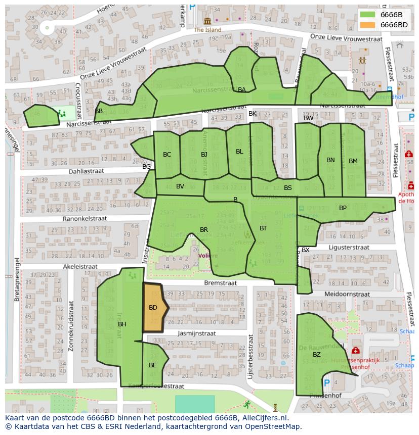 Afbeelding van het postcodegebied 6666 BD op de kaart.