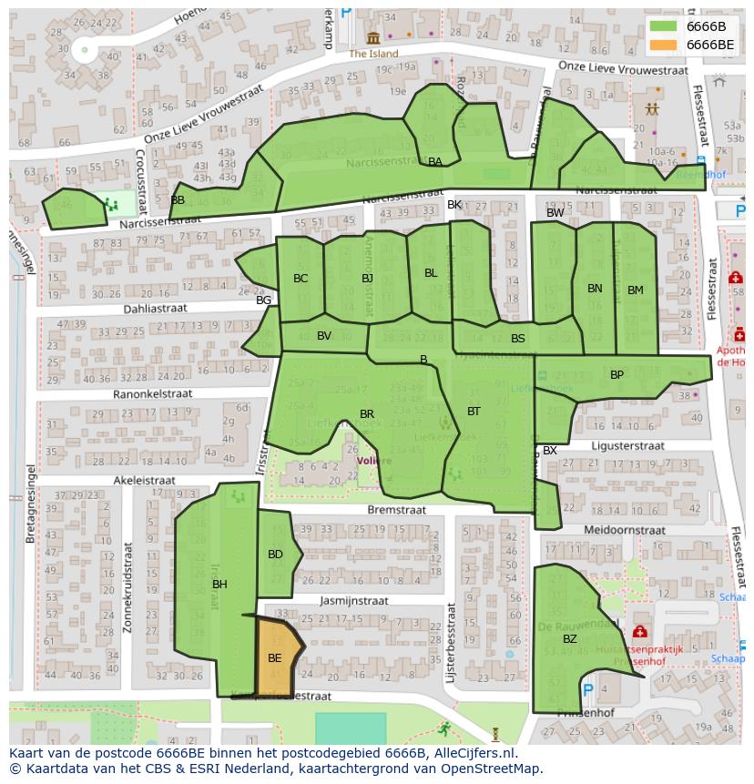 Afbeelding van het postcodegebied 6666 BE op de kaart.