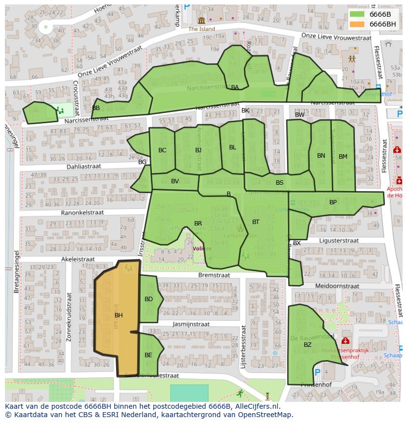 Afbeelding van het postcodegebied 6666 BH op de kaart.