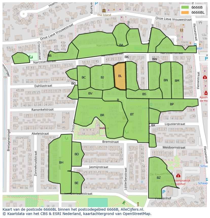Afbeelding van het postcodegebied 6666 BL op de kaart.