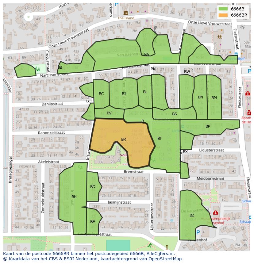 Afbeelding van het postcodegebied 6666 BR op de kaart.