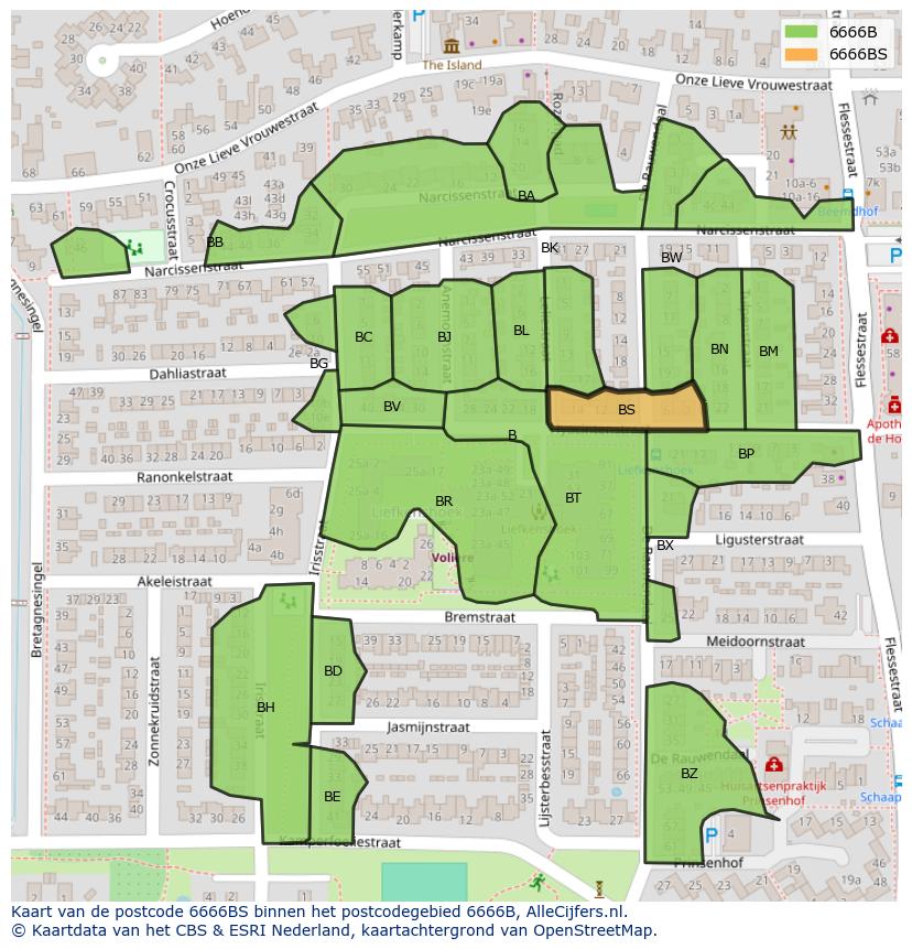 Afbeelding van het postcodegebied 6666 BS op de kaart.