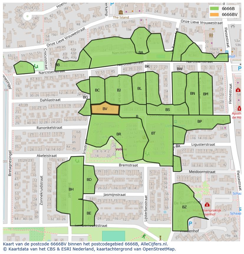 Afbeelding van het postcodegebied 6666 BV op de kaart.