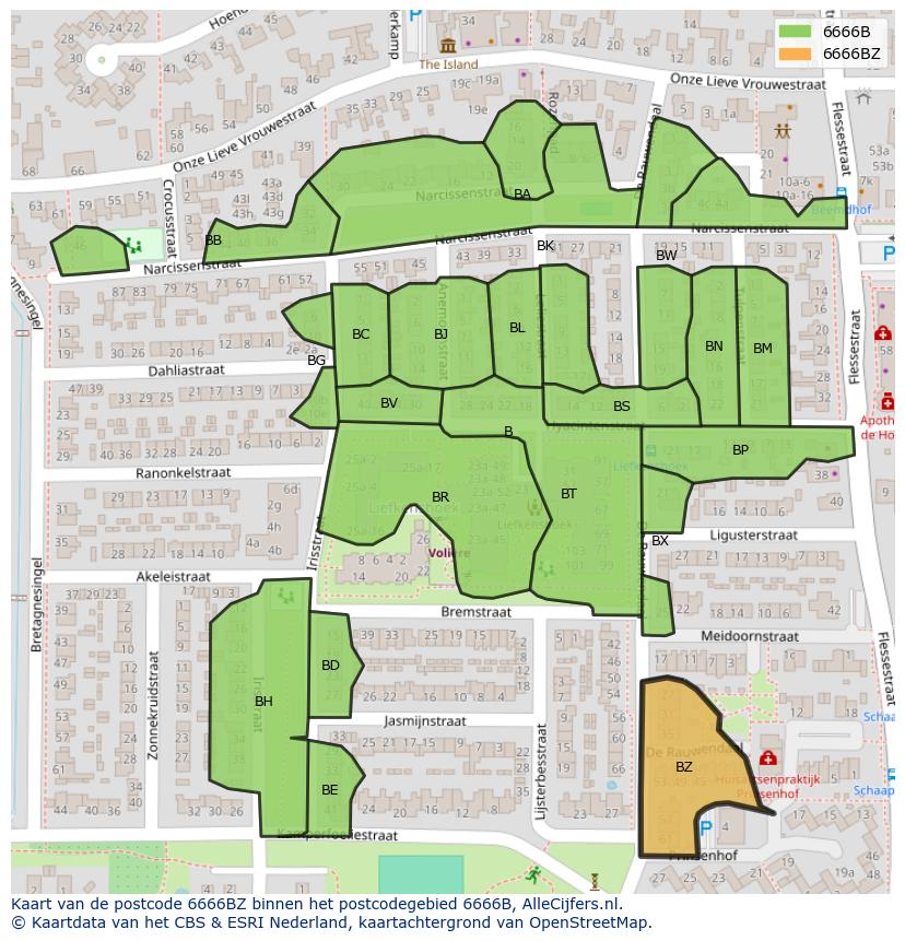 Afbeelding van het postcodegebied 6666 BZ op de kaart.