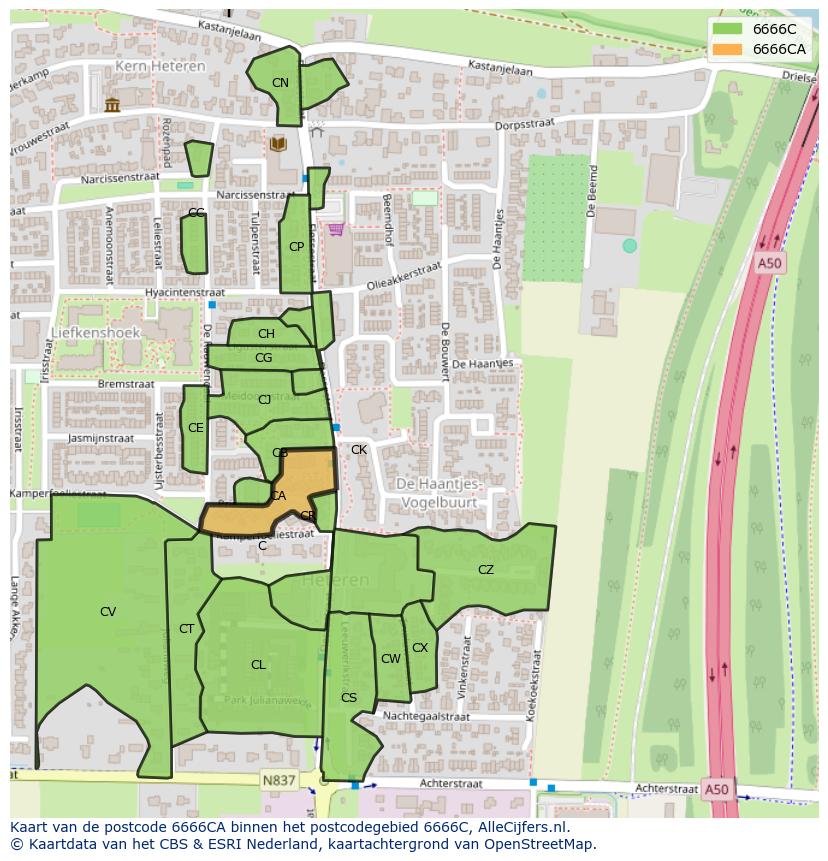 Afbeelding van het postcodegebied 6666 CA op de kaart.