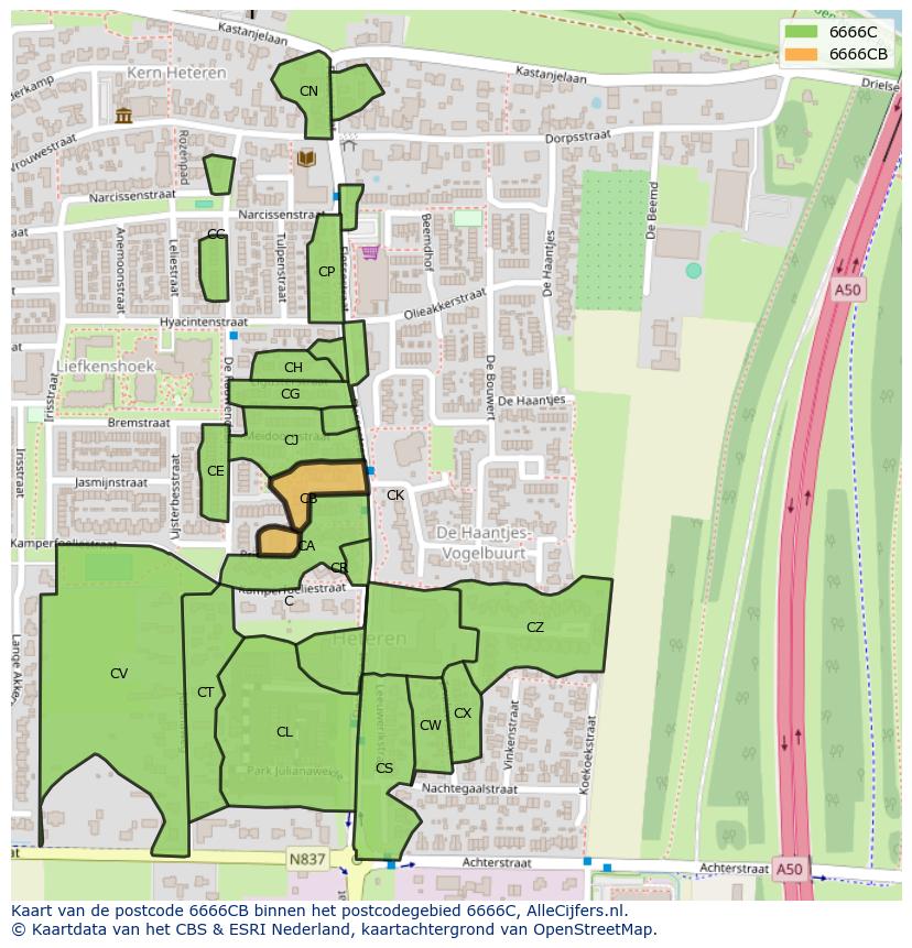 Afbeelding van het postcodegebied 6666 CB op de kaart.