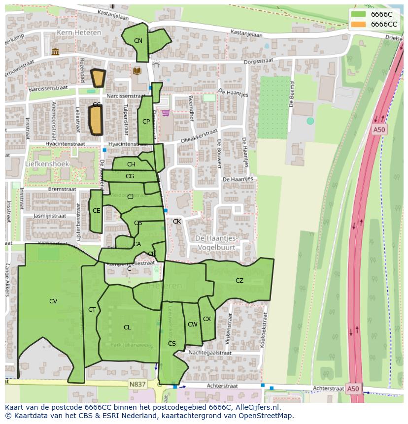Afbeelding van het postcodegebied 6666 CC op de kaart.
