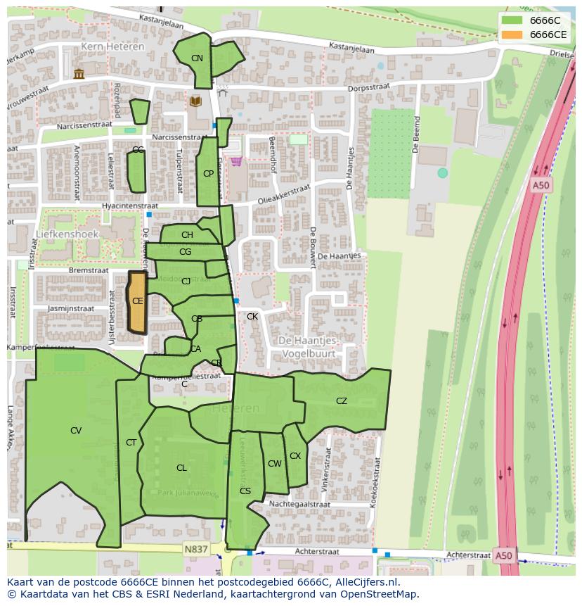 Afbeelding van het postcodegebied 6666 CE op de kaart.