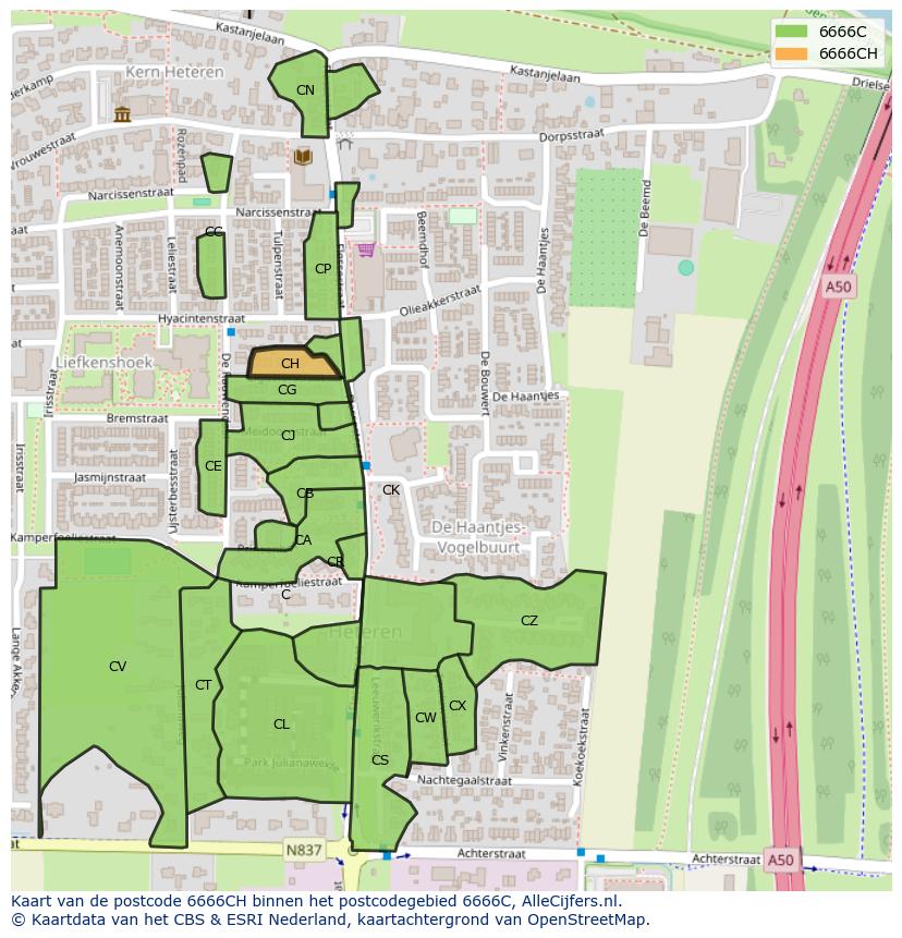 Afbeelding van het postcodegebied 6666 CH op de kaart.
