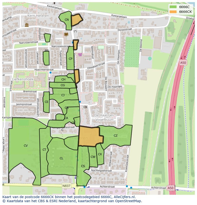 Afbeelding van het postcodegebied 6666 CK op de kaart.