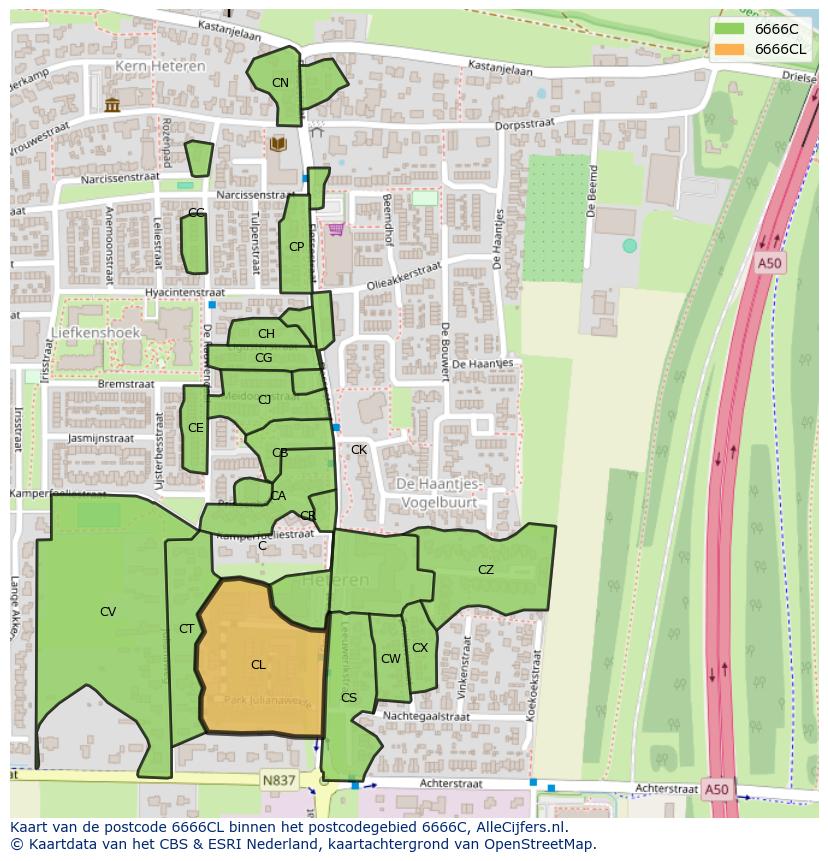 Afbeelding van het postcodegebied 6666 CL op de kaart.