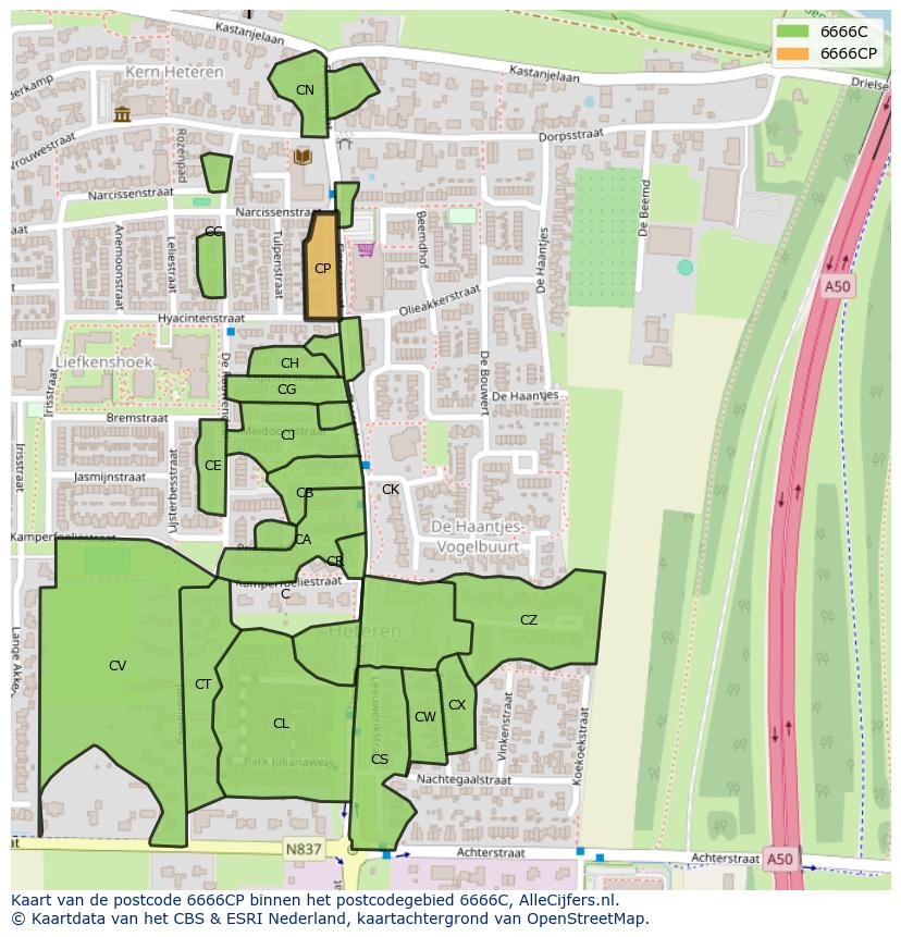 Afbeelding van het postcodegebied 6666 CP op de kaart.
