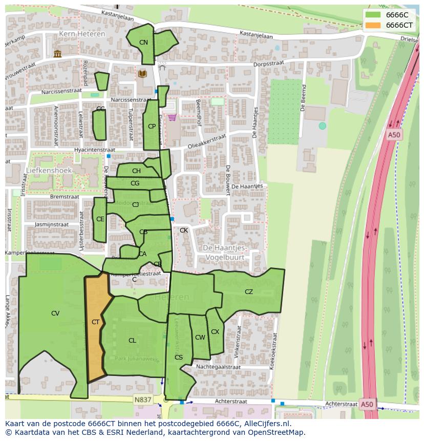 Afbeelding van het postcodegebied 6666 CT op de kaart.