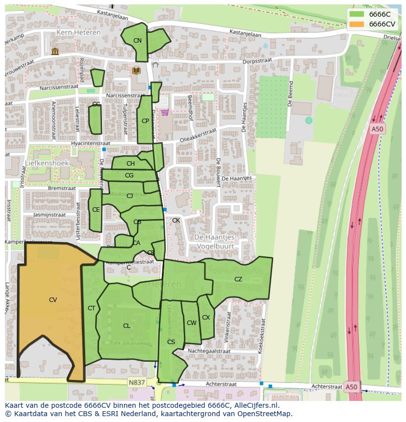 Afbeelding van het postcodegebied 6666 CV op de kaart.