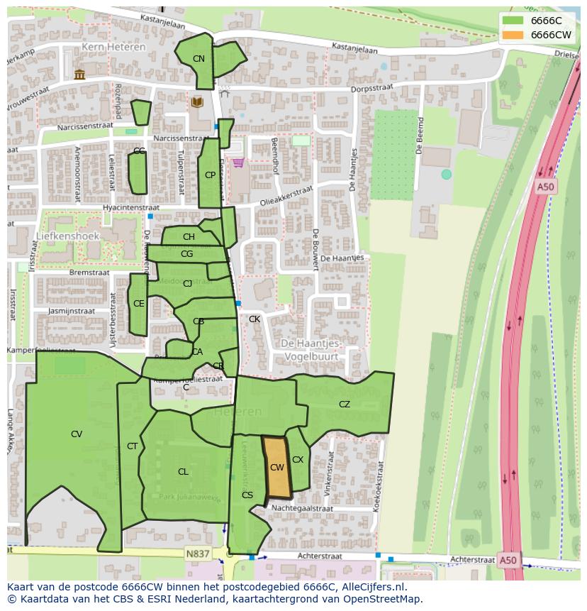 Afbeelding van het postcodegebied 6666 CW op de kaart.