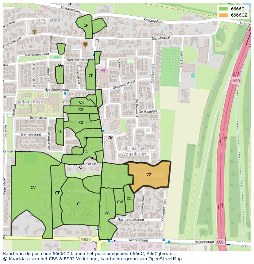 Afbeelding van het postcodegebied 6666 CZ op de kaart.