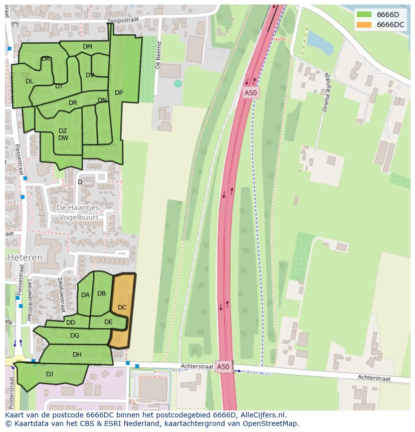 Afbeelding van het postcodegebied 6666 DC op de kaart.