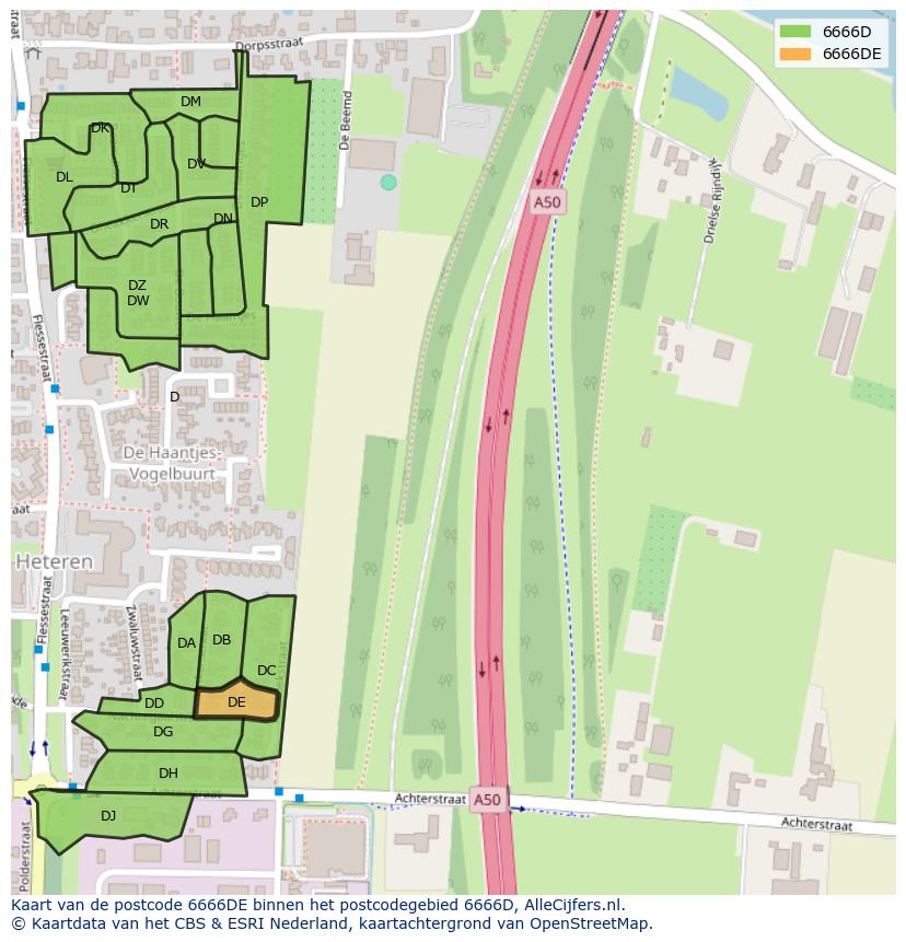 Afbeelding van het postcodegebied 6666 DE op de kaart.