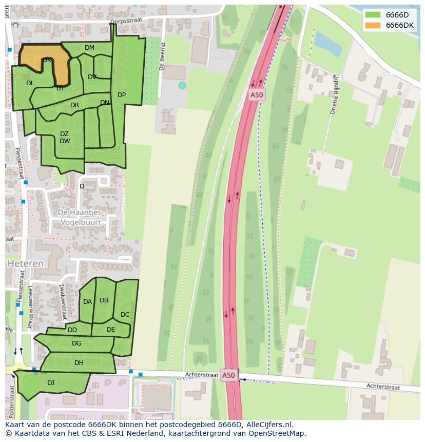 Afbeelding van het postcodegebied 6666 DK op de kaart.