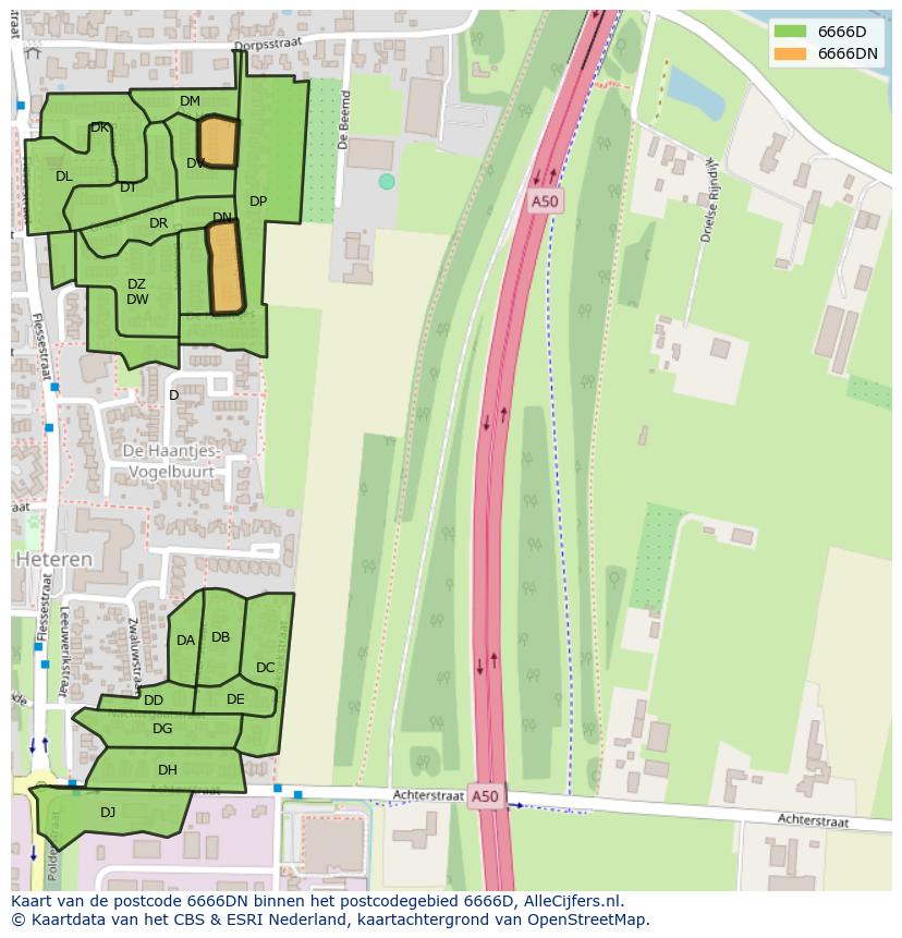 Afbeelding van het postcodegebied 6666 DN op de kaart.