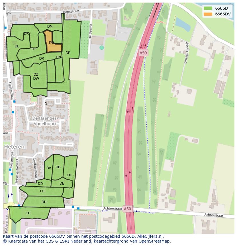 Afbeelding van het postcodegebied 6666 DV op de kaart.