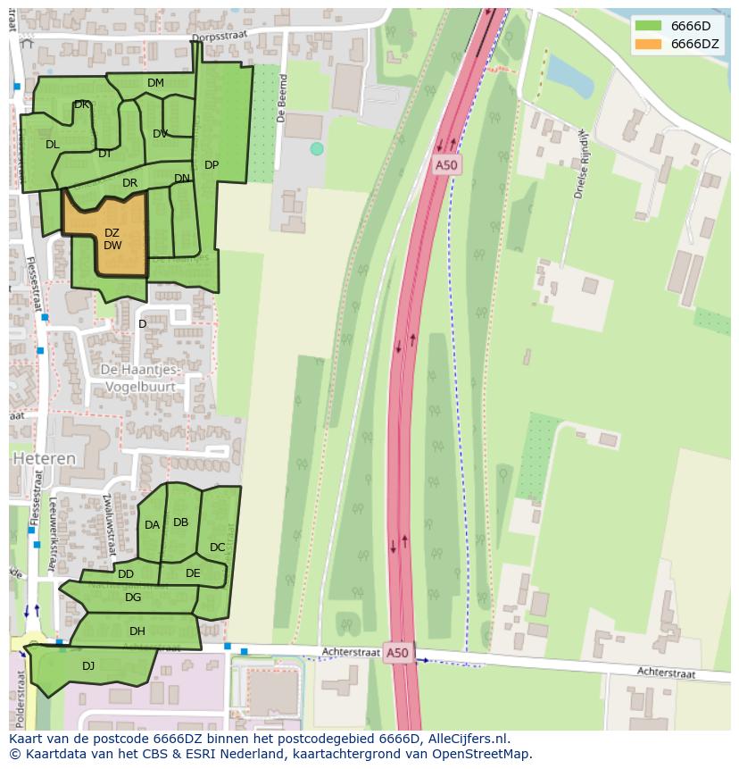 Afbeelding van het postcodegebied 6666 DZ op de kaart.