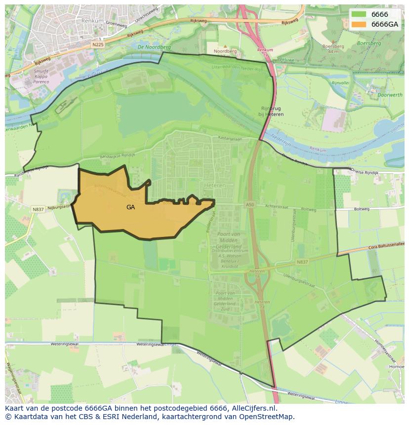 Afbeelding van het postcodegebied 6666 GA op de kaart.