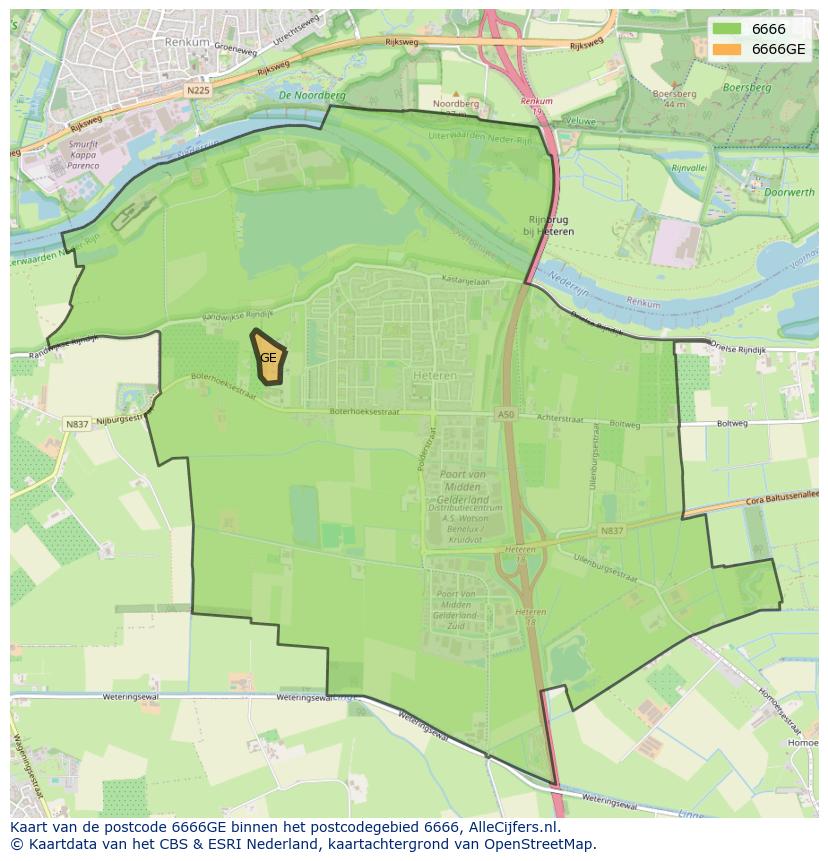 Afbeelding van het postcodegebied 6666 GE op de kaart.