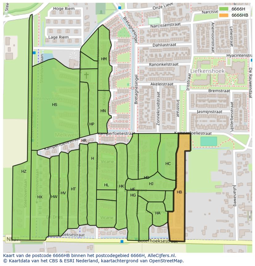 Afbeelding van het postcodegebied 6666 HB op de kaart.