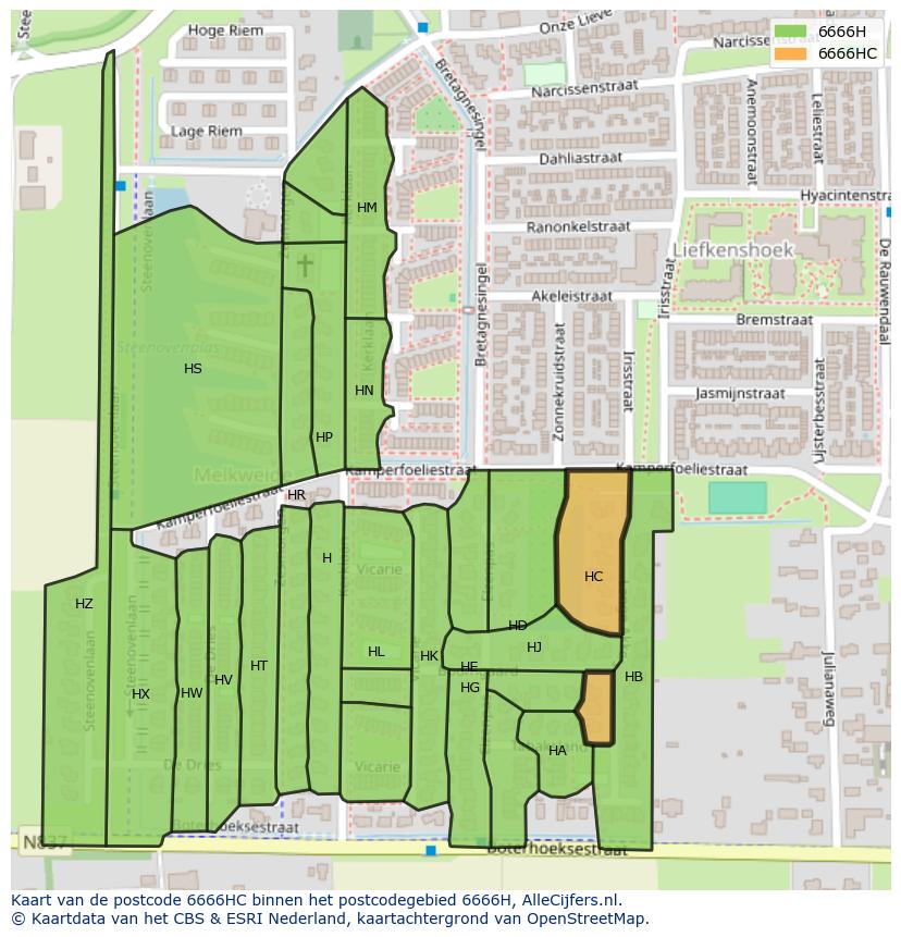 Afbeelding van het postcodegebied 6666 HC op de kaart.