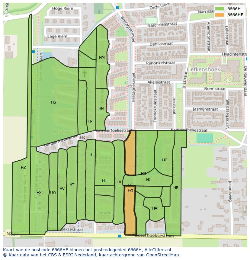 Afbeelding van het postcodegebied 6666 HE op de kaart.
