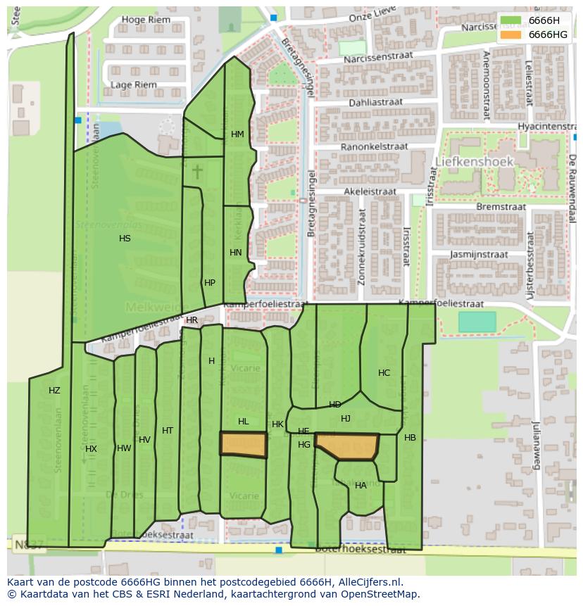 Afbeelding van het postcodegebied 6666 HG op de kaart.
