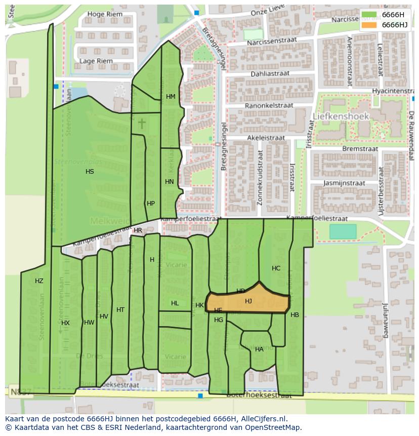 Afbeelding van het postcodegebied 6666 HJ op de kaart.