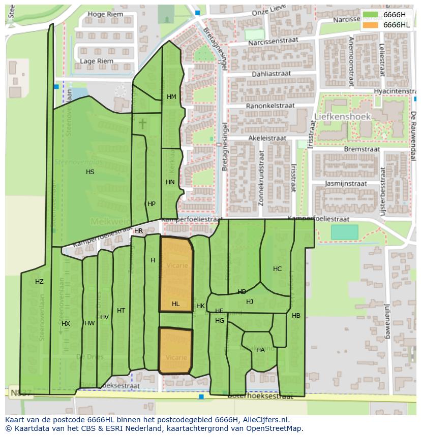 Afbeelding van het postcodegebied 6666 HL op de kaart.
