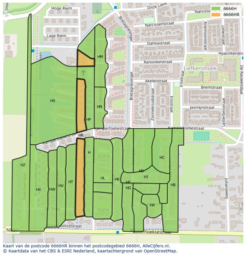 Afbeelding van het postcodegebied 6666 HR op de kaart.