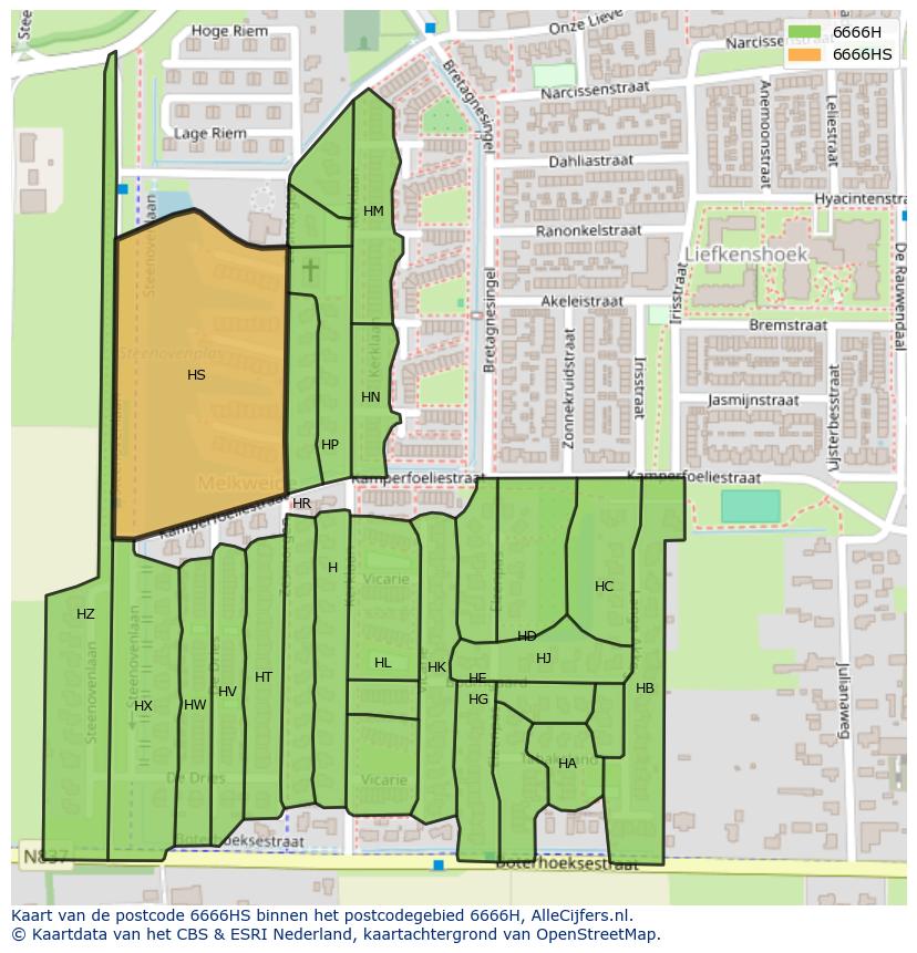 Afbeelding van het postcodegebied 6666 HS op de kaart.