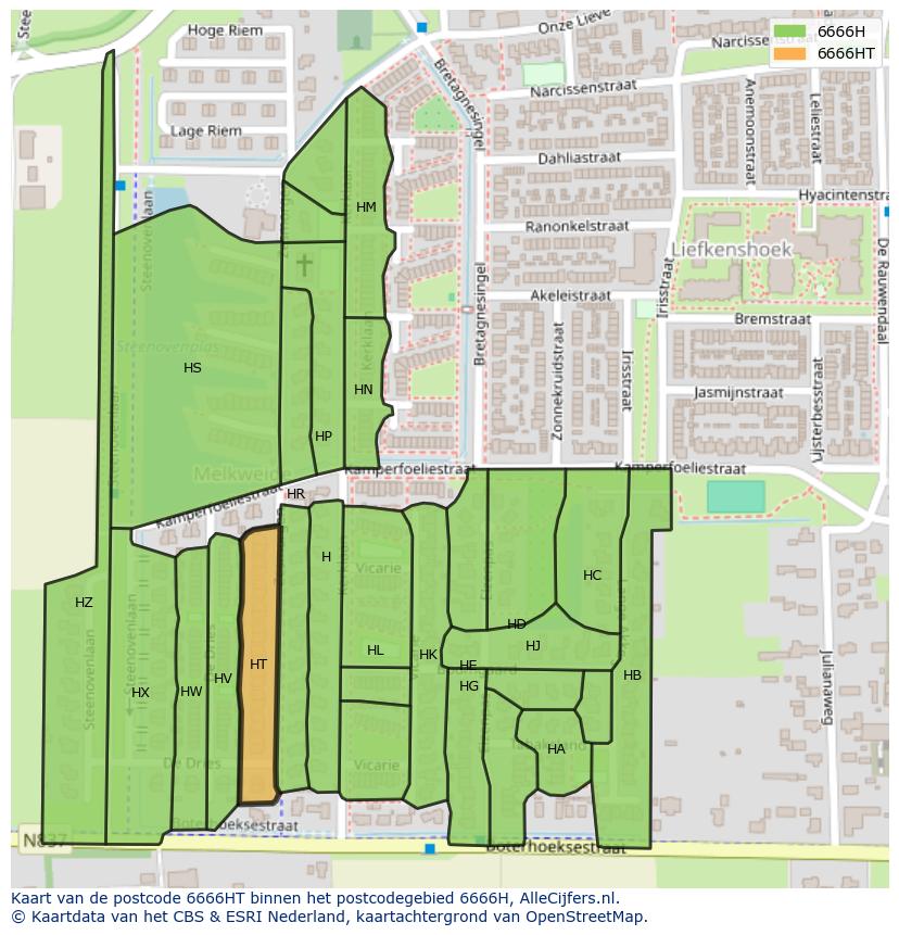Afbeelding van het postcodegebied 6666 HT op de kaart.
