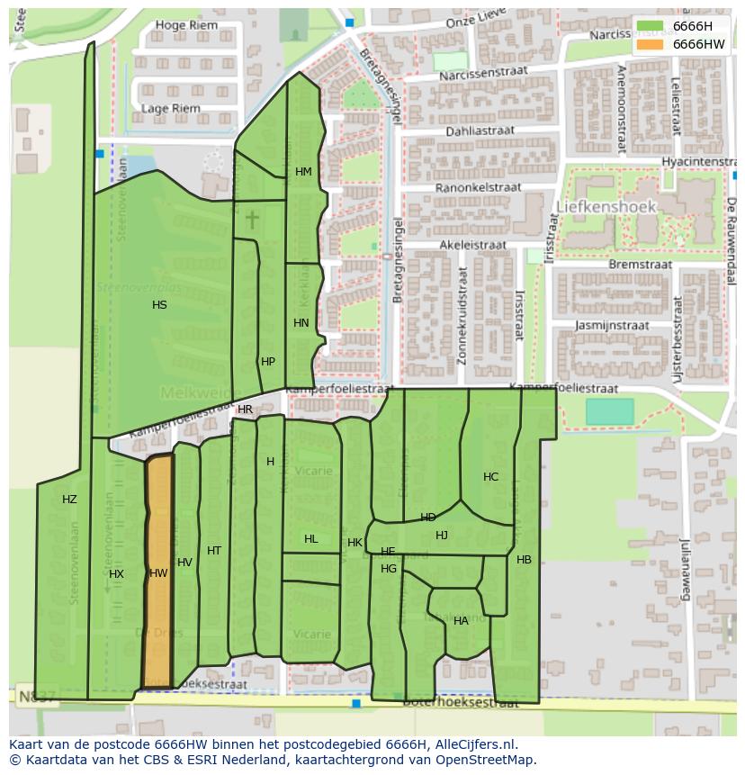 Afbeelding van het postcodegebied 6666 HW op de kaart.