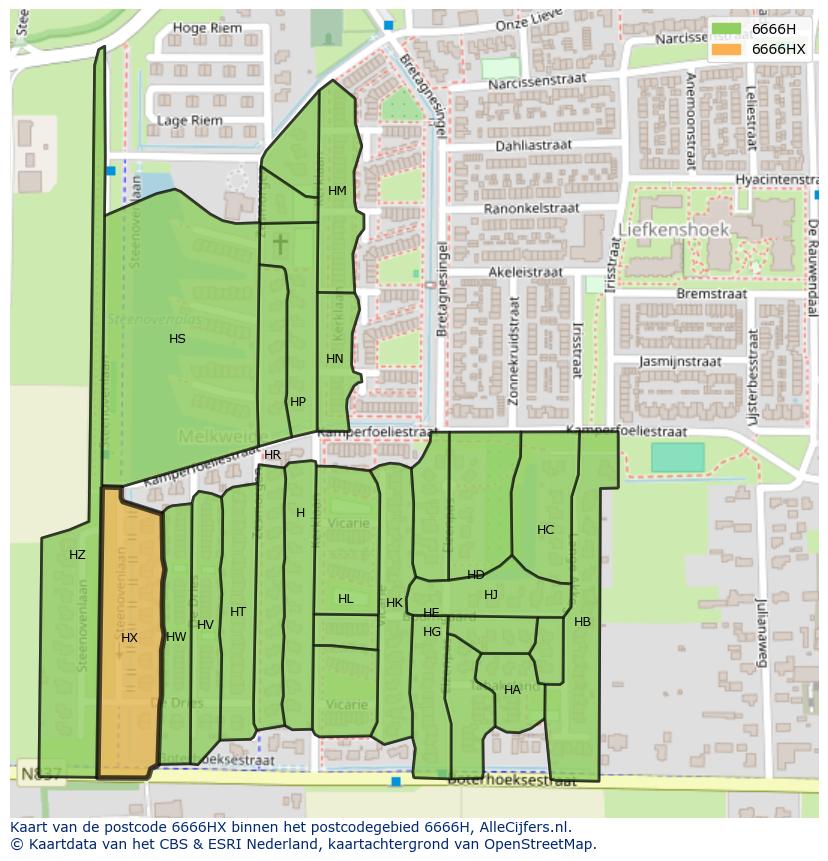Afbeelding van het postcodegebied 6666 HX op de kaart.