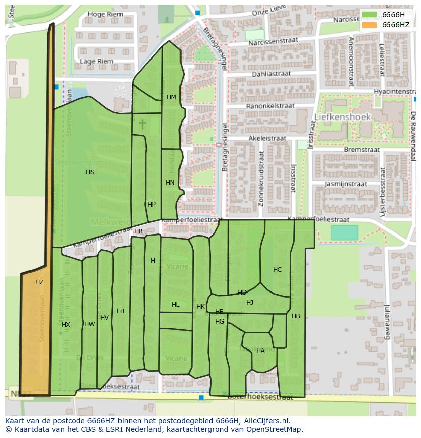 Afbeelding van het postcodegebied 6666 HZ op de kaart.