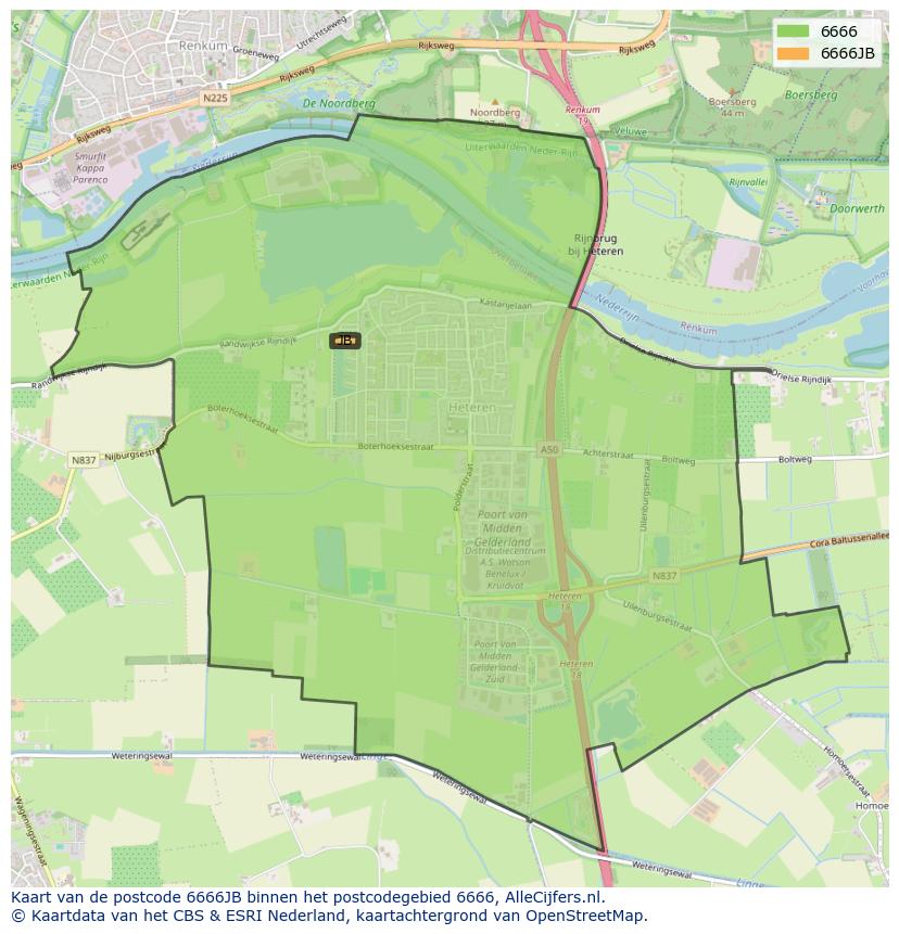 Afbeelding van het postcodegebied 6666 JB op de kaart.