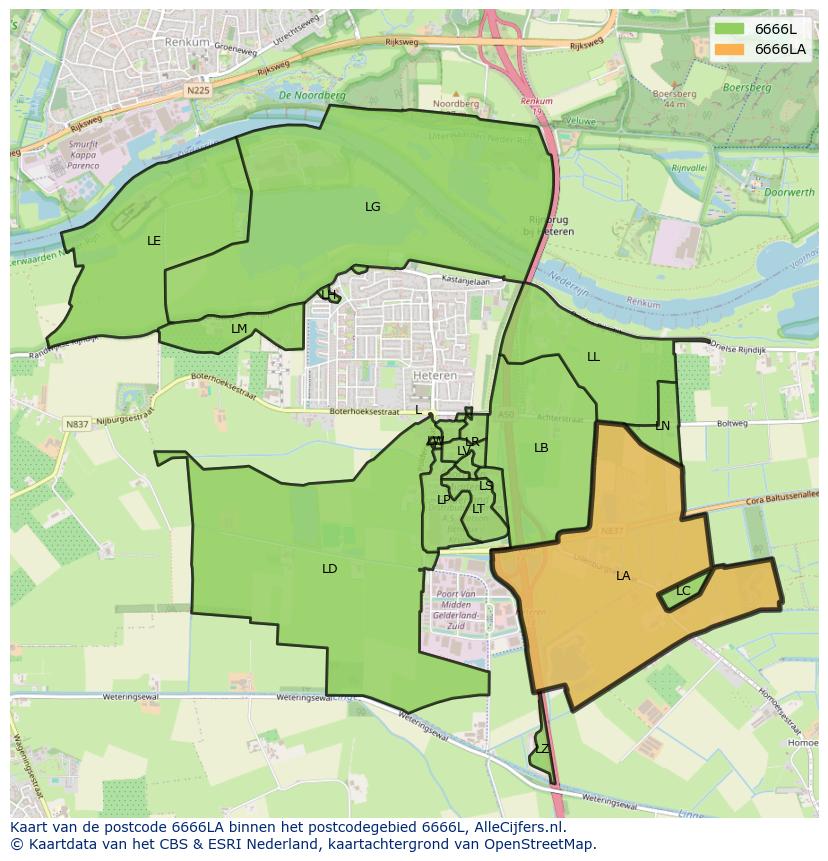 Afbeelding van het postcodegebied 6666 LA op de kaart.