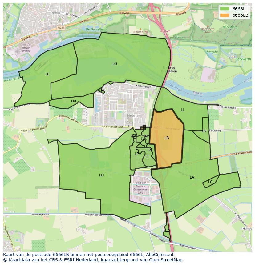 Afbeelding van het postcodegebied 6666 LB op de kaart.